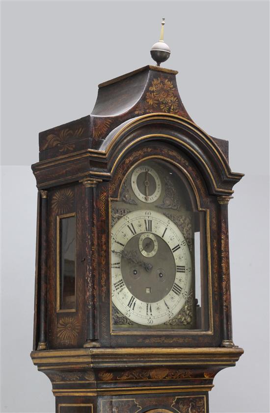 An early 18th century chinoiserie lacquered eight day longcase clock, 7ft 6in.